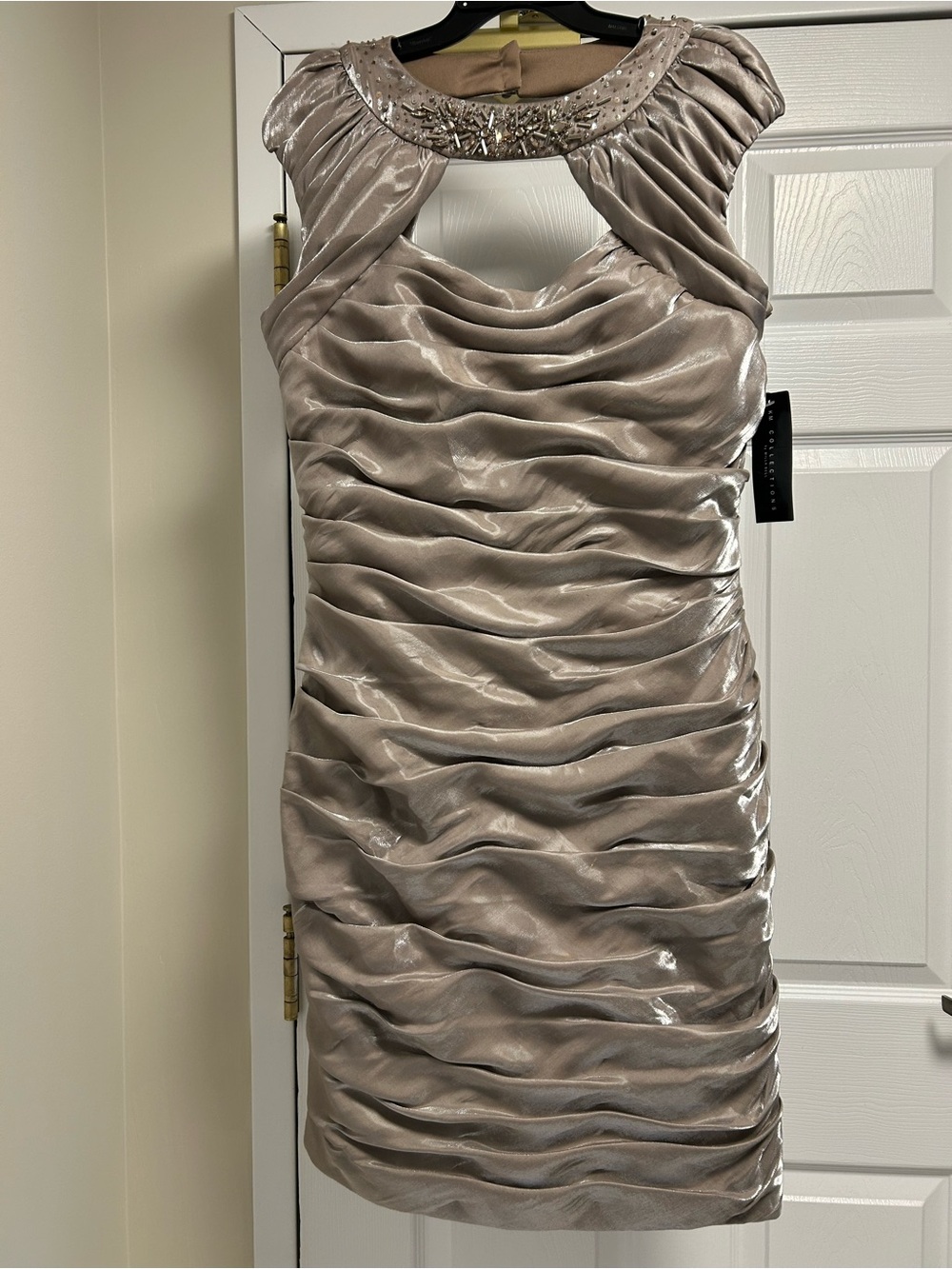Beaded Neck Ruched Cocktail Dress - Taupe Size 14